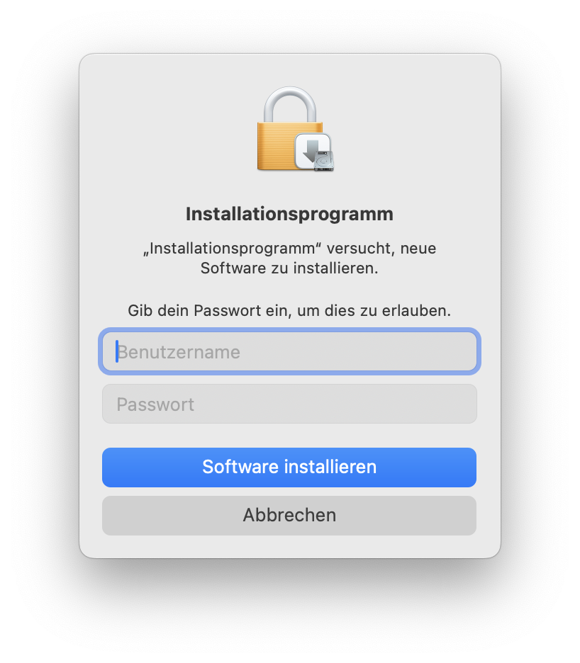 PKG-Installer – Passwort eingeben
